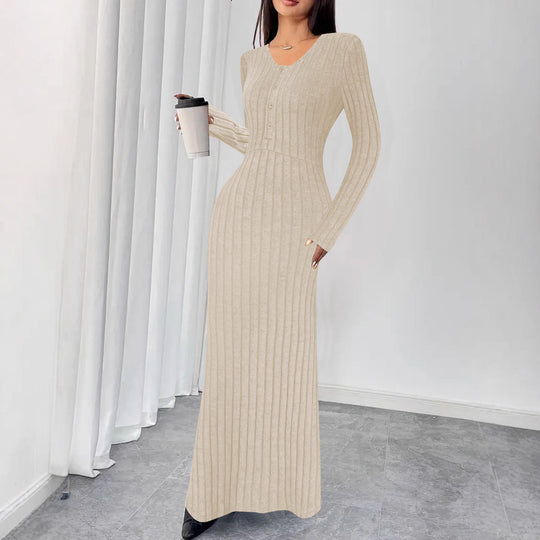 Damen Geripptes Maxi-Strickkleid mit Taillennaht und Knopfleiste Shop Nory