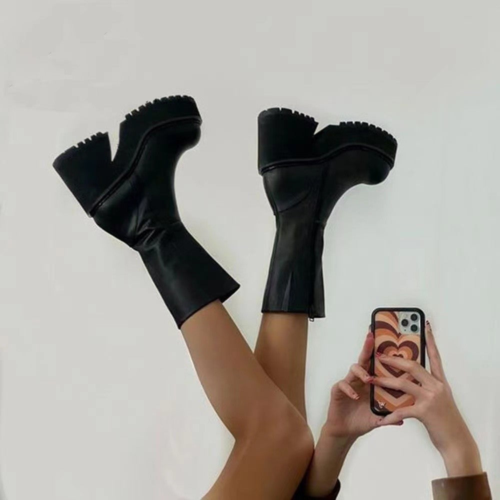 Damen Plateau-Stiefel mit hohem Blockabsatz und modischem Reißverschluss Shopnory