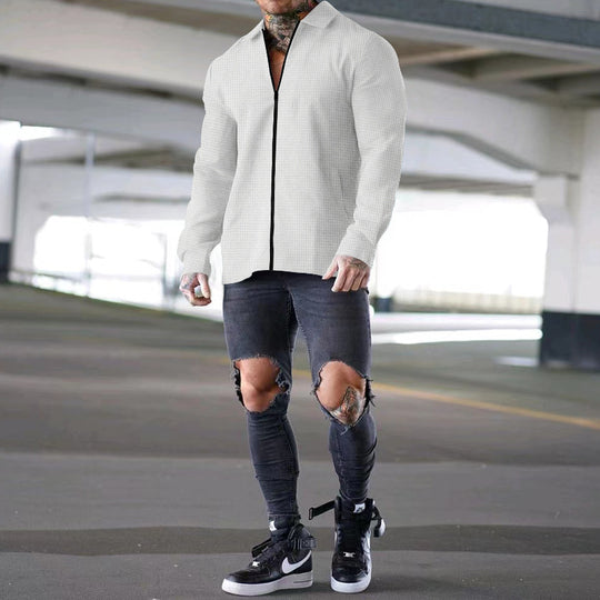 Herren nan strukturiertes Langarm-Hemdjacke mit verdecktem Halbzip, Kentkragen und leichter Waffelstruktur Shop Nory