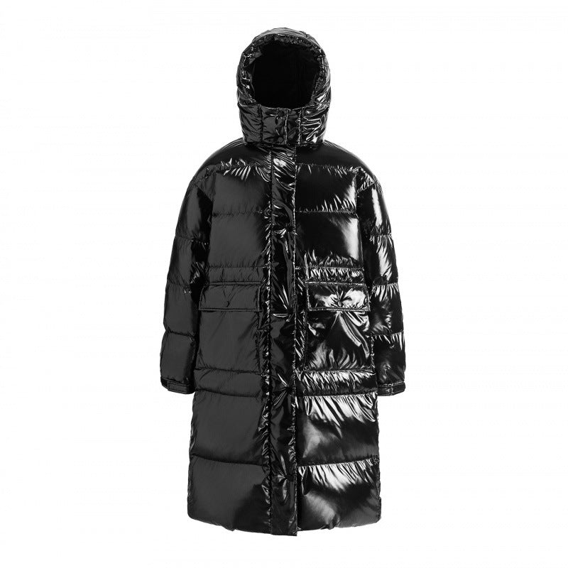 Damen langer glänzender gesteppter Puffer-Mantel mit Kapuze, Utility-Taschen und Oversize-Silhouette Shop Nory