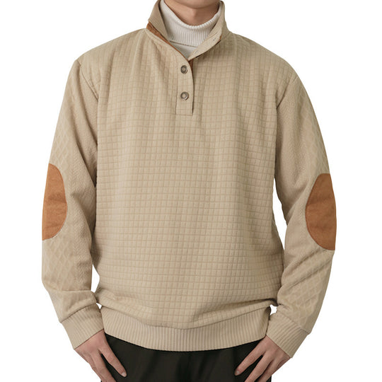 Herren Waffelstrick-Halbzip-Pullover mit Stehkragen Lederbesatz und Ellbogenpatches Shop Nory