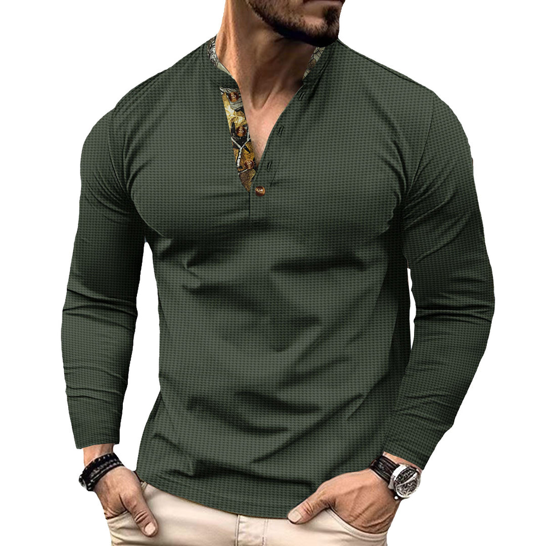 Herren nan langärmeliges Henley-Shirt mit Stehkragen und gemustertem Knopfleistenbesatz Shop Nory