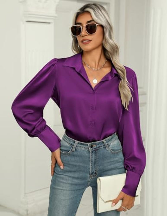 Damen Seidenoptik-Bluse mit Hemdkragen, verdeckter Knopfleiste und langen Manschetten Shop Nory
