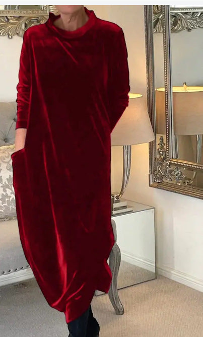 Damen Elegantes Samt Maxi Kleid mit Hohem Rollkragen, Seitentaschen und Lockere Silhouette Shop Nory