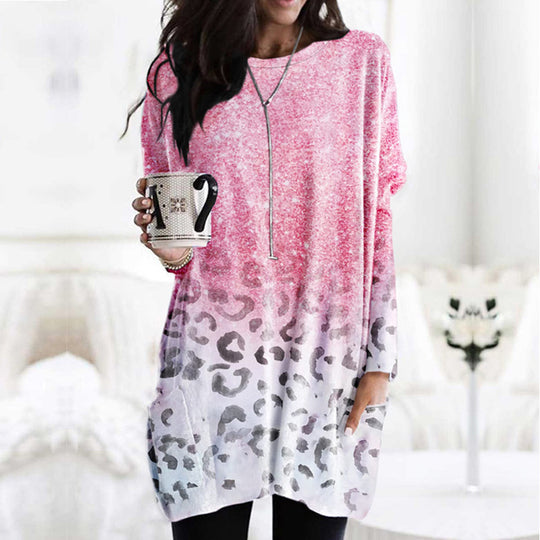 Damen Oversize Longshirt-Tunika mit Ombre-Leopardenprint und Eingrifftaschen Shop Nory