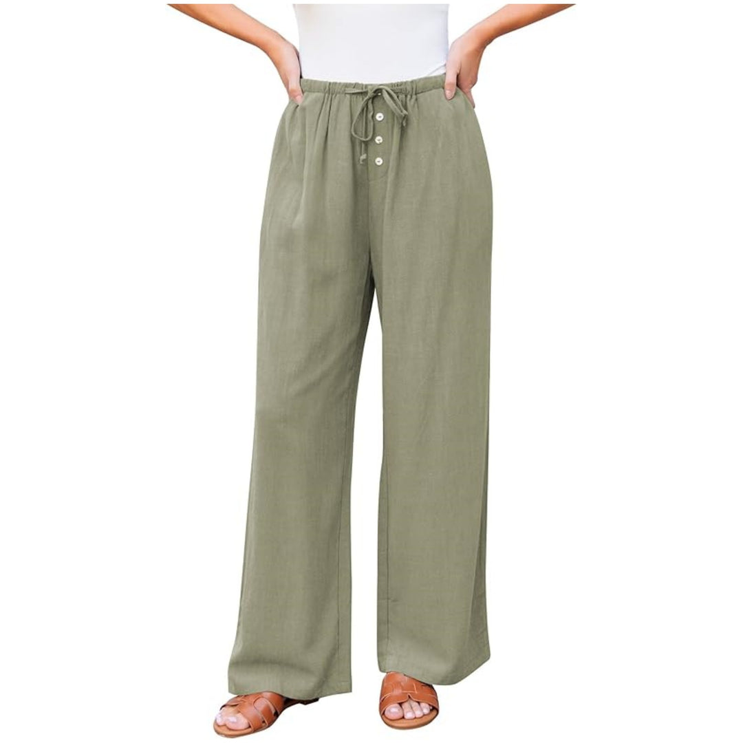 Damen Leinenoptik-Hose mit weitem Bein, Gummizug-Taille, Tunnelzug und Knopfdetail Shop Nory