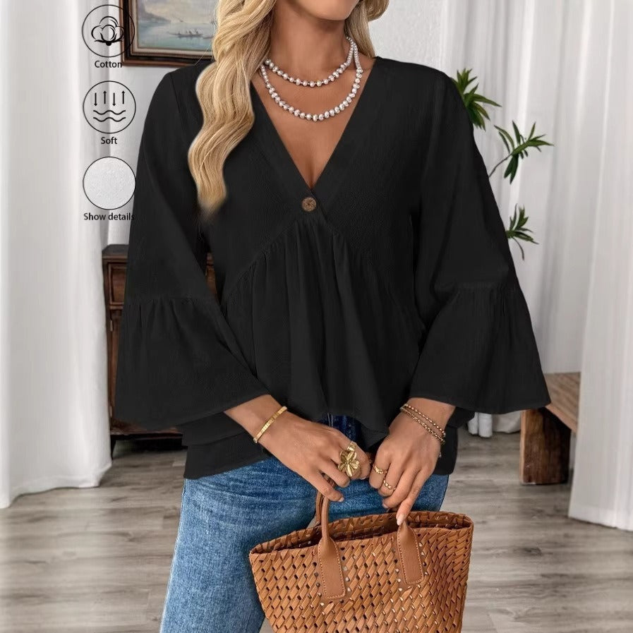 Damen nan elegante Empire-Bluse mit V-Ausschnitt, geraffter Brustnaht und Glockenärmeln Shop Nory