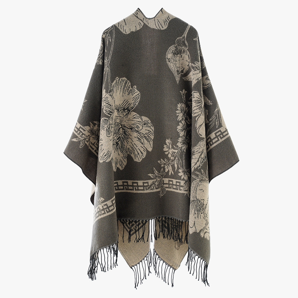 Damen Rechteckiger Jacquard-Überwurf mit floralem Allovermotiv und Fransensaum Shop Nory