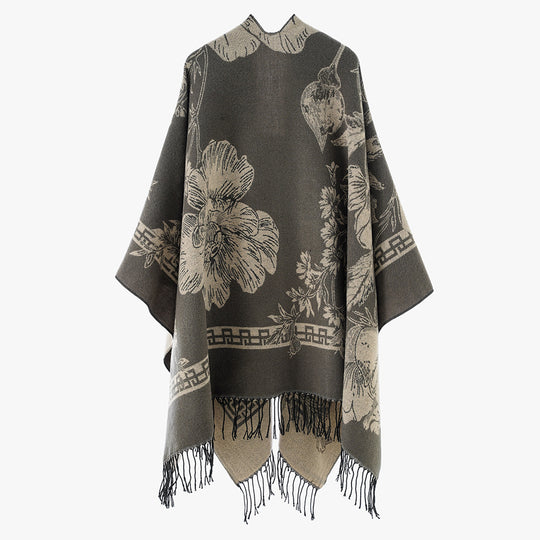 Damen Rechteckiger Jacquard-Überwurf mit floralem Allovermotiv und Fransensaum Shop Nory