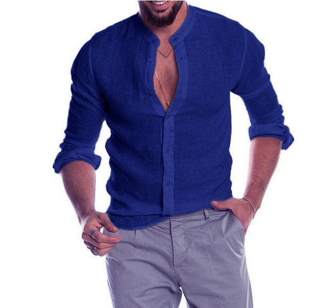 Herren nan Leinenhemd mit Stehkragen, durchgehender Knopfleiste und legerer Slim-Fit-Passform