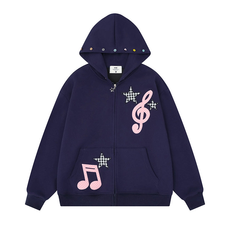 Damen Kapuzen‑Sweatjacke mit kreativen Musik‑Applikationen, Karo‑Sternen und Zipper‑Charm Shop Nory