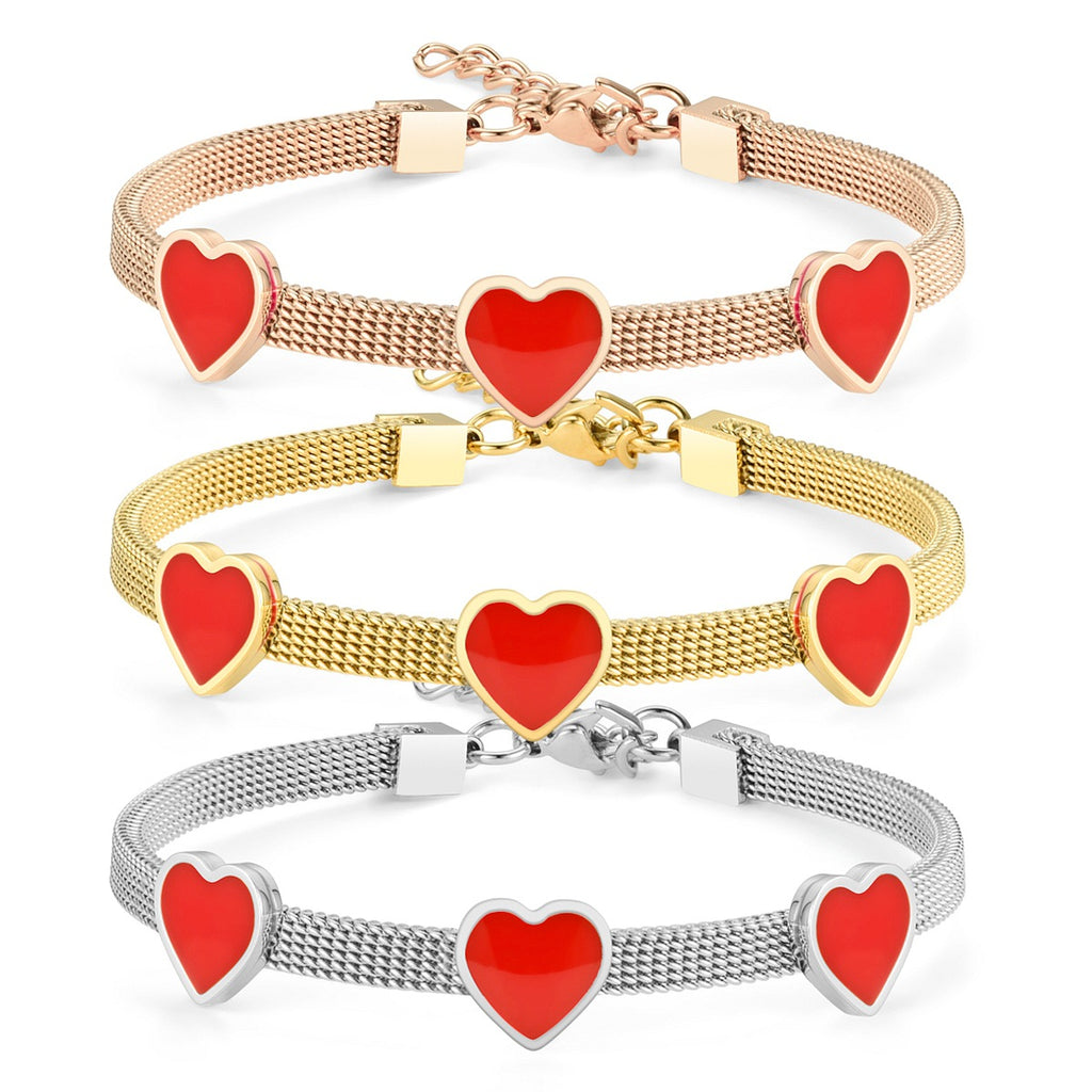 Damen Armband mit roten Herzanhängern und feiner Mesh-Oberfläche Shop Nory