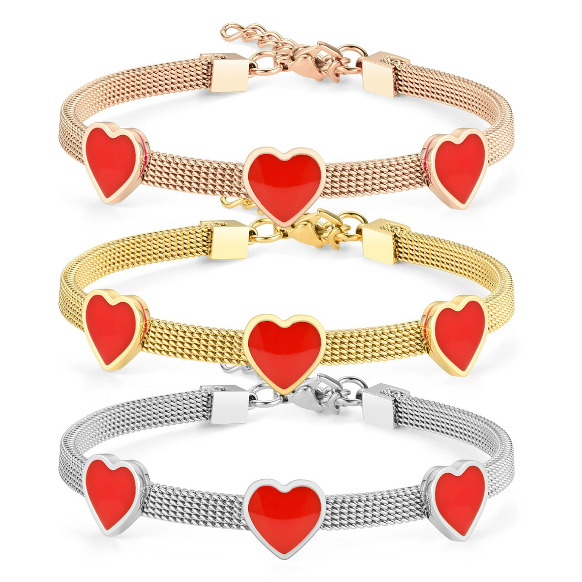 Damen Armband mit roten Herzanhängern und feiner Mesh-Oberfläche Shop Nory