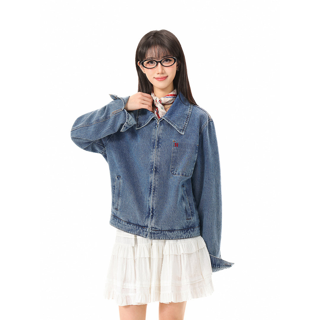 Damen Kurze Oversize-Denimjacke mit durchgehendem Reißverschluss und Brusttasche Shop Nory