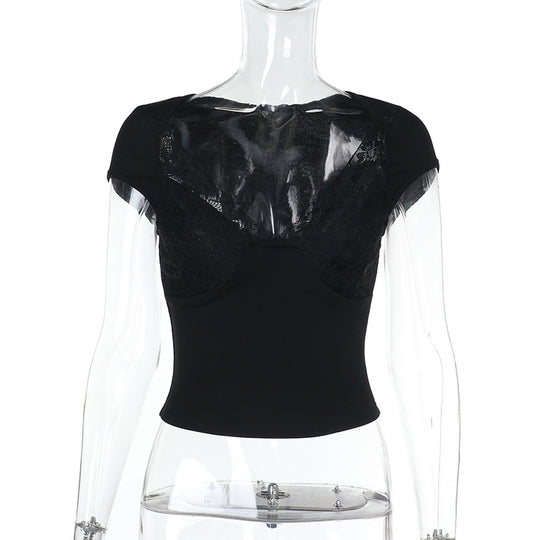 Damen Figurbetontes Crop-Top mit integrierter Bügel-BH und Spitzeneinsatz Shop Nory
