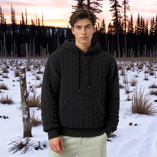 Herren Flauschiger Sherpa-Hoodie mit Zopfmuster, Kängurutasche und Rippbündchen Shop Nory