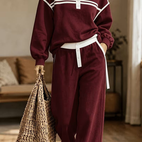Damen Lounge-Set aus weichem Jersey mit Polokragen, Kontraststreifen und weiter Jogpant Shop Nory