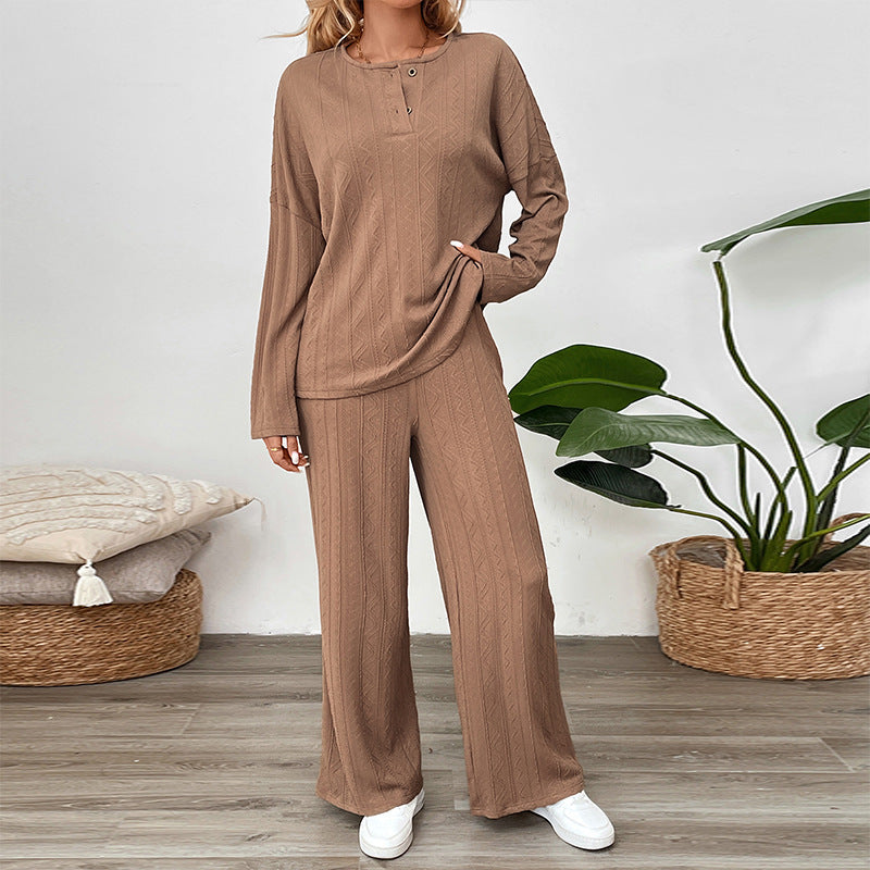 Damen Zweiteiliges Strick-Loungewear-Set mit Wide‑Leg-Hose und Henley-Oberteil Shop Nory