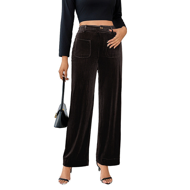 Damen Weite Samt-Cordhose mit hoher Taille, Gummibund und Eingrifftaschen Shop Nory
