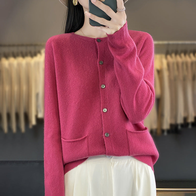 Damen Langer Feinstrick-Cardigan mit Rundhalsausschnitt, Eingrifftaschen und Alpaka-Mix Shop Nory