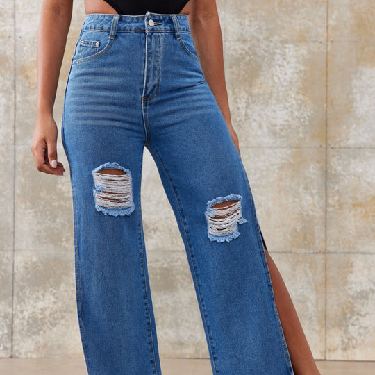 Damen hochtaillierte Wide‑Leg-Jeans mit großen Knie-Rips und seitlichen Beinschlitzen Shop Nory