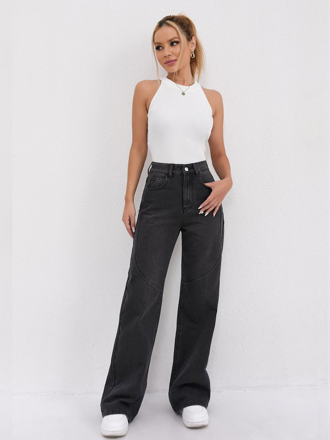 Damen Weite Hochtaillen-Jeans mit einzigartigen Nahtdetails und lässigem Schnitt Shopnory