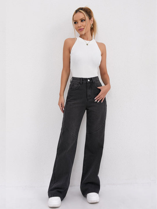 Damen Weite Hochtaillen-Jeans mit einzigartigen Nahtdetails und lässigem Schnitt Shopnory