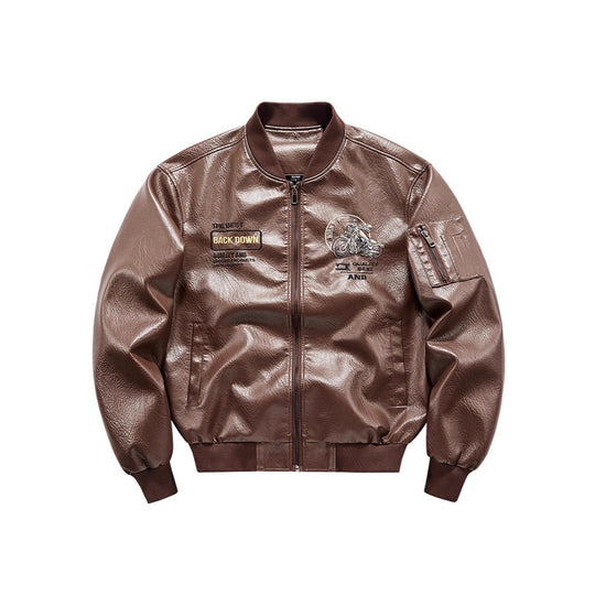 Herren Kunstleder‑Bomberjacke mit wärmender Fleece‑Innenfütterung, Motorrad‑Stickerei und Ärmeltasche Shop Nory