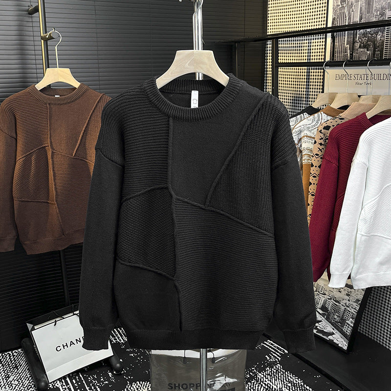 Herren Strukturierter Patchwork-Strickpullover mit Rundhals und gerippten Einsätzen Shop Nory