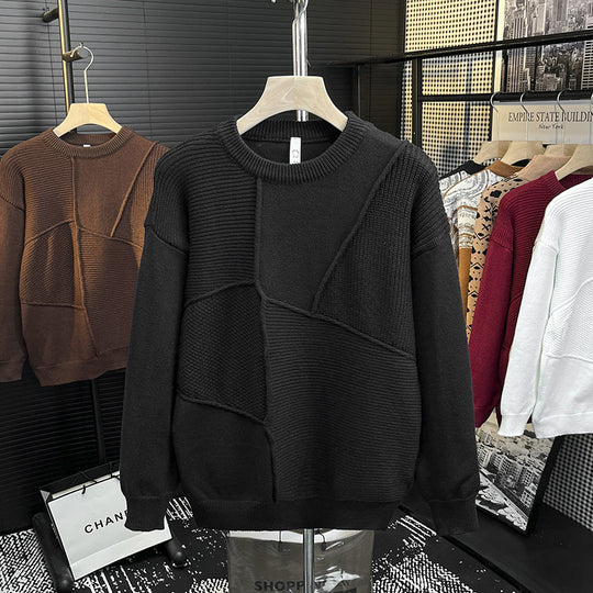Herren Strukturierter Patchwork-Strickpullover mit Rundhals und gerippten Einsätzen Shop Nory