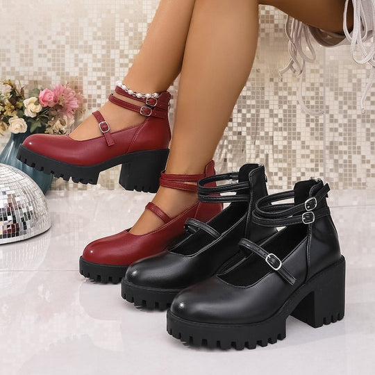Damen Mary-Jane-Schuhe mit profiliertem Plateau, klobigem Blockabsatz und verstellbaren Riemen Shop Nory
