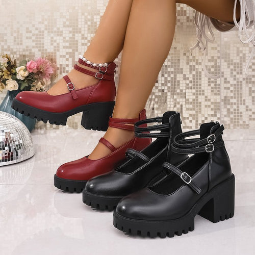 Damen Mary-Jane-Schuhe mit profiliertem Plateau, klobigem Blockabsatz und verstellbaren Riemen Shop Nory