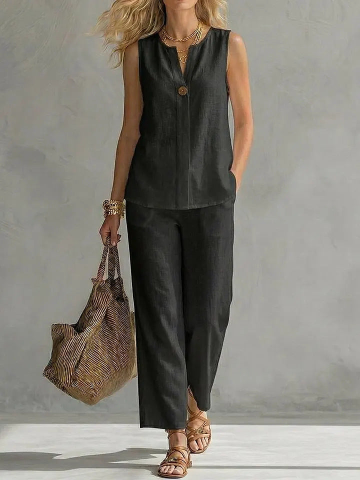 Damen Lässiges zweiteiliges Set mit ärmelloser Bluse und modischen Hosen Shopnory