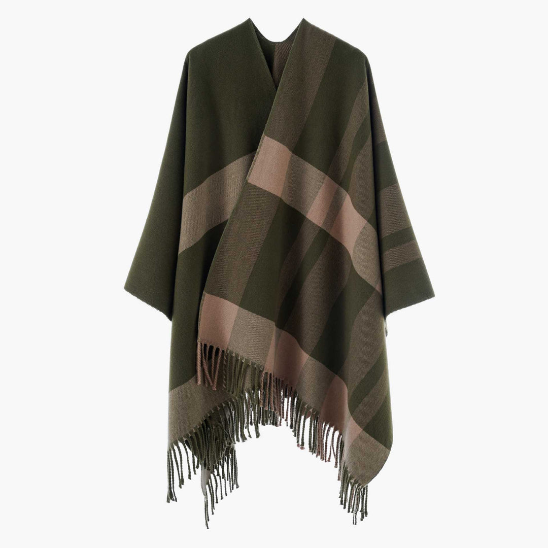 Damen Großkaro-Capeponcho aus Wollmix mit Fransen und offenem Kragen Shop Nory