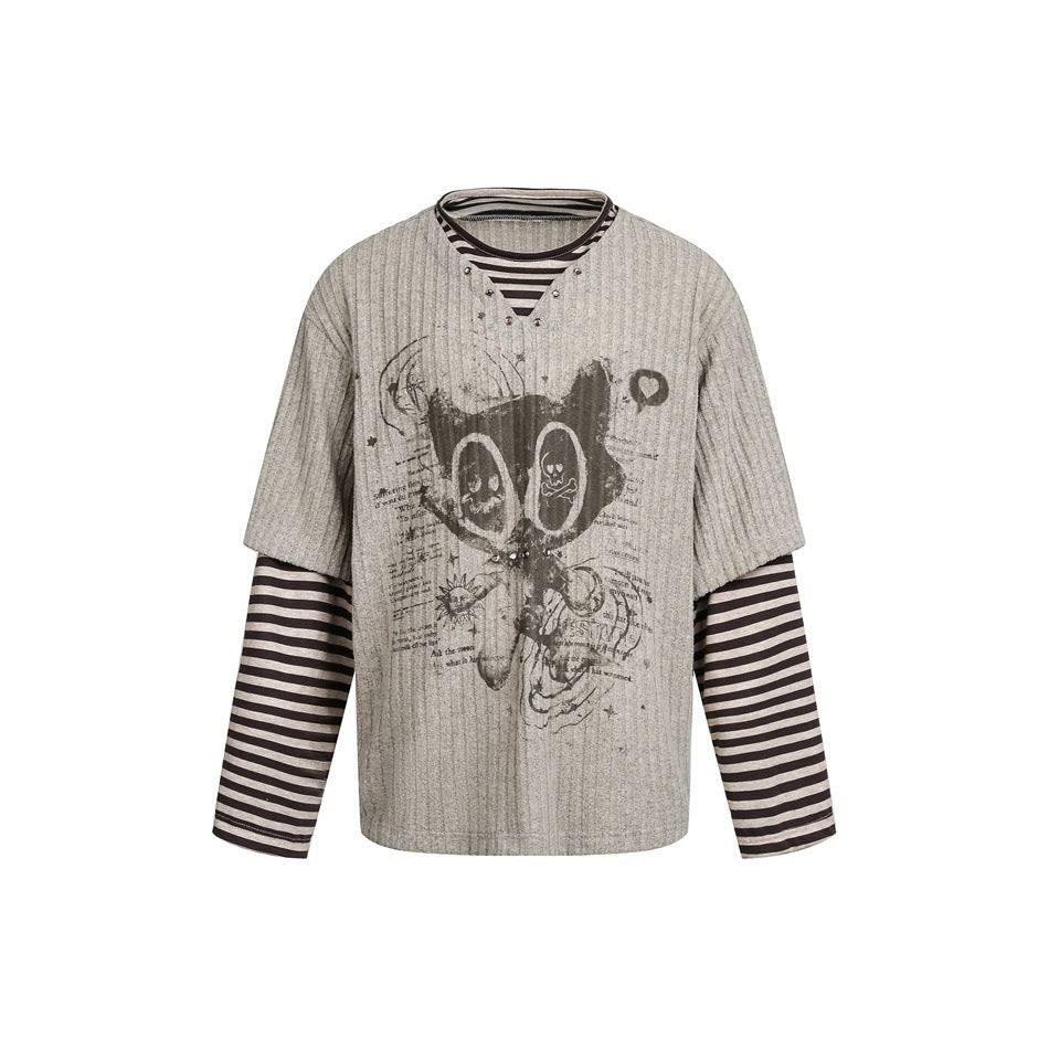 Damen Lagenlook-Longsleeve mit gestreiften Ärmelärmeln und grafischem Statement-Print Shop Nory