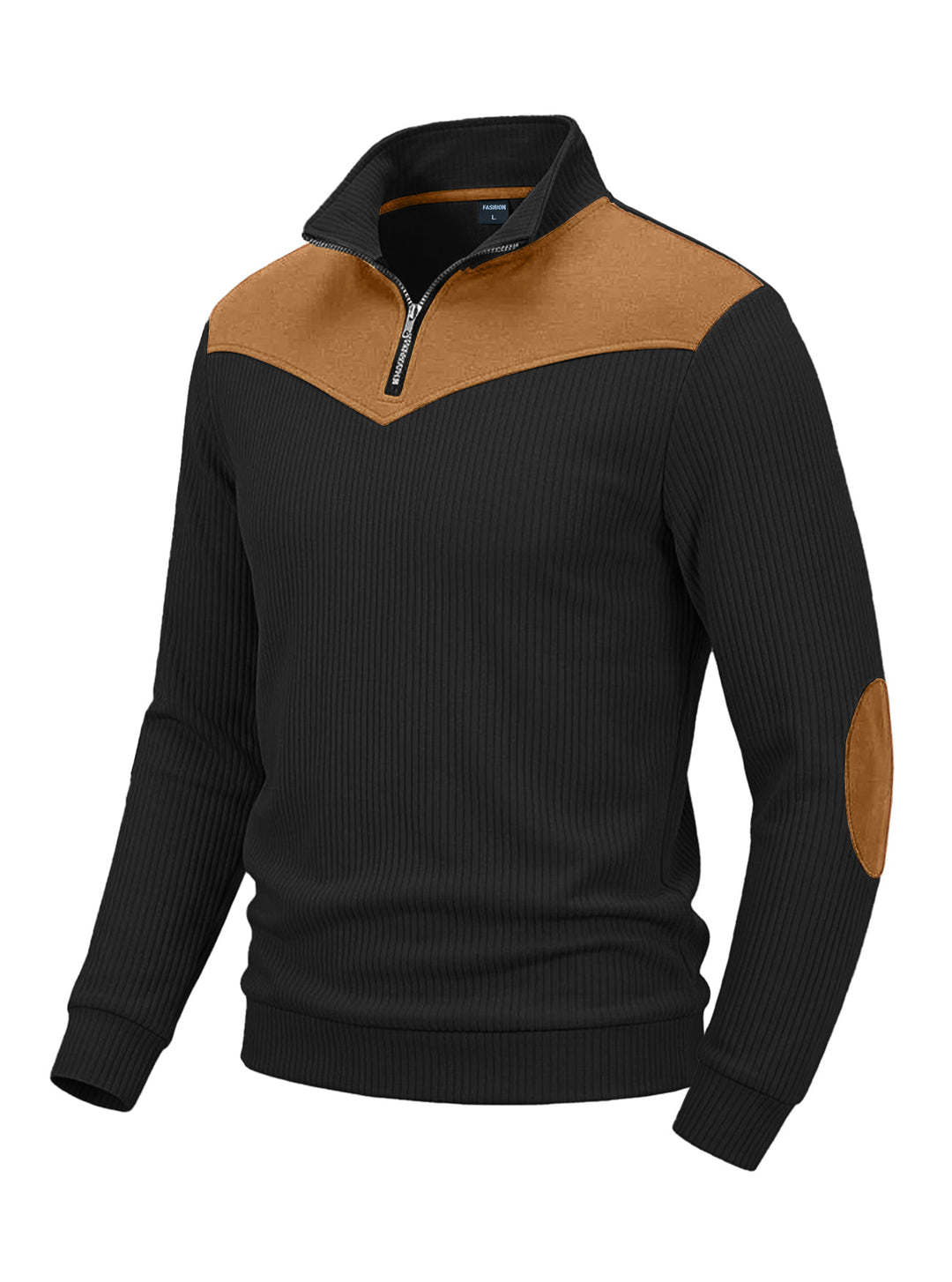 Herren Strickpullover mit Troyerkragen, Rippenstruktur und Ellbogen-Patches Shop Nory