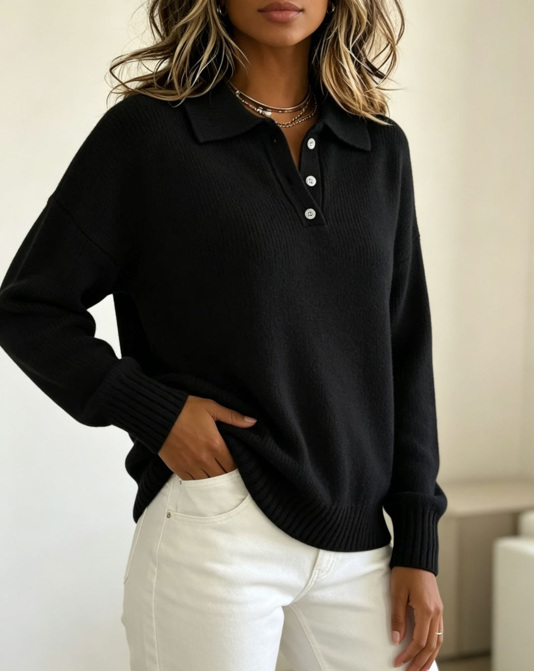 Damen Polokragen-Feinstrickpullover mit Knopfleiste und gerippten Bündchen Shop Nory