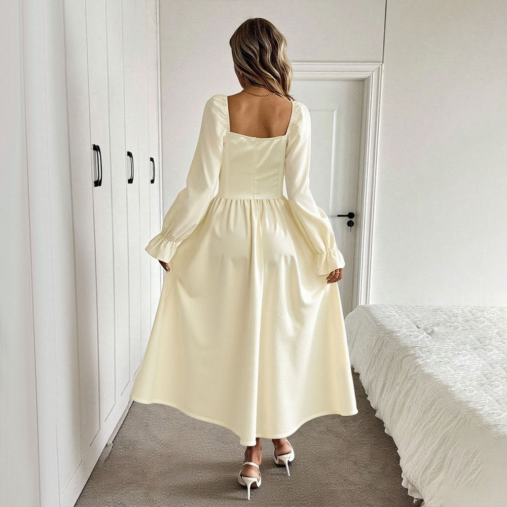 Damen romantisches Midikleid mit Korsagen-Taille, Quadratausschnitt und voluminösen Ärmeln Shop Nory