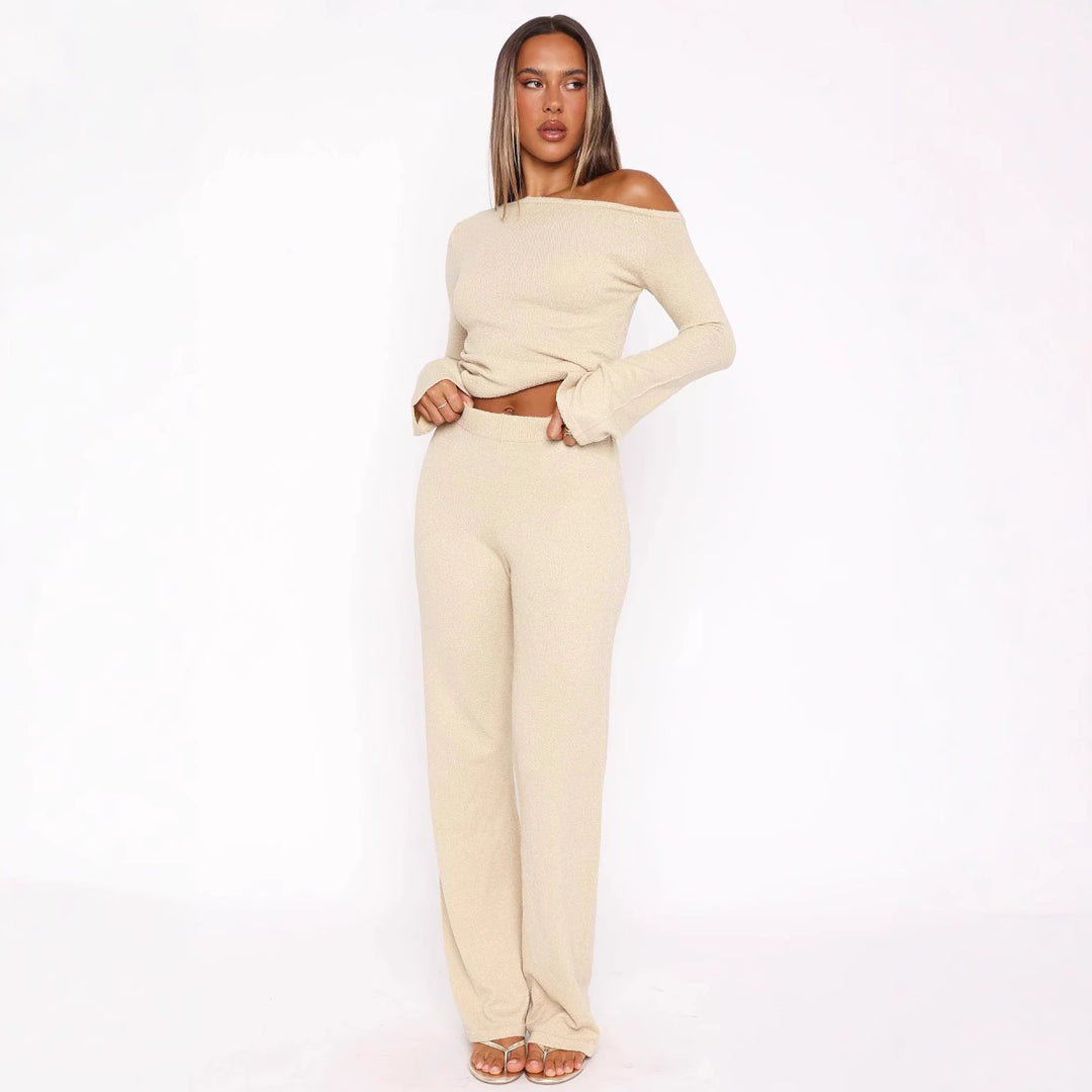 Damen Zweiteiliges Strick-Loungewear-Set mit Carmen‑Ausschnitt und weitem High‑Waist‑Hosenbein Shop Nory