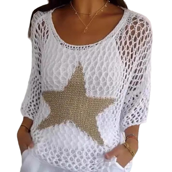 Damen nan oversized gehäkelter Pullover mit Sternapplikation und 3/4-Ärmeln Shop Nory