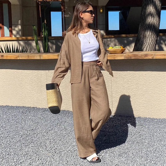 Damen entspanntes Leinen Lounge Set mit Oversize Hemd und Kordelbund Palazzohose Shop Nory