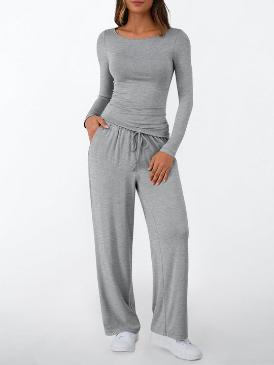 Damen Figurnahes Langarm-Shirt und Palazzo-Jerseyhose Loungewear-Set Shop Nory