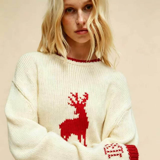 Damen Oversize Strickpullover mit Hirschintarsie, Rundhalsausschnitt und Norwegerbündchen Shop Nory