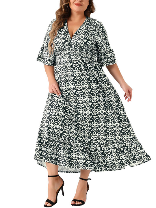 Damen Midikleid in A‑Linie mit grafischem Allover‑Print, geraffter Taillenpartie und Volantstufen Shop Nory
