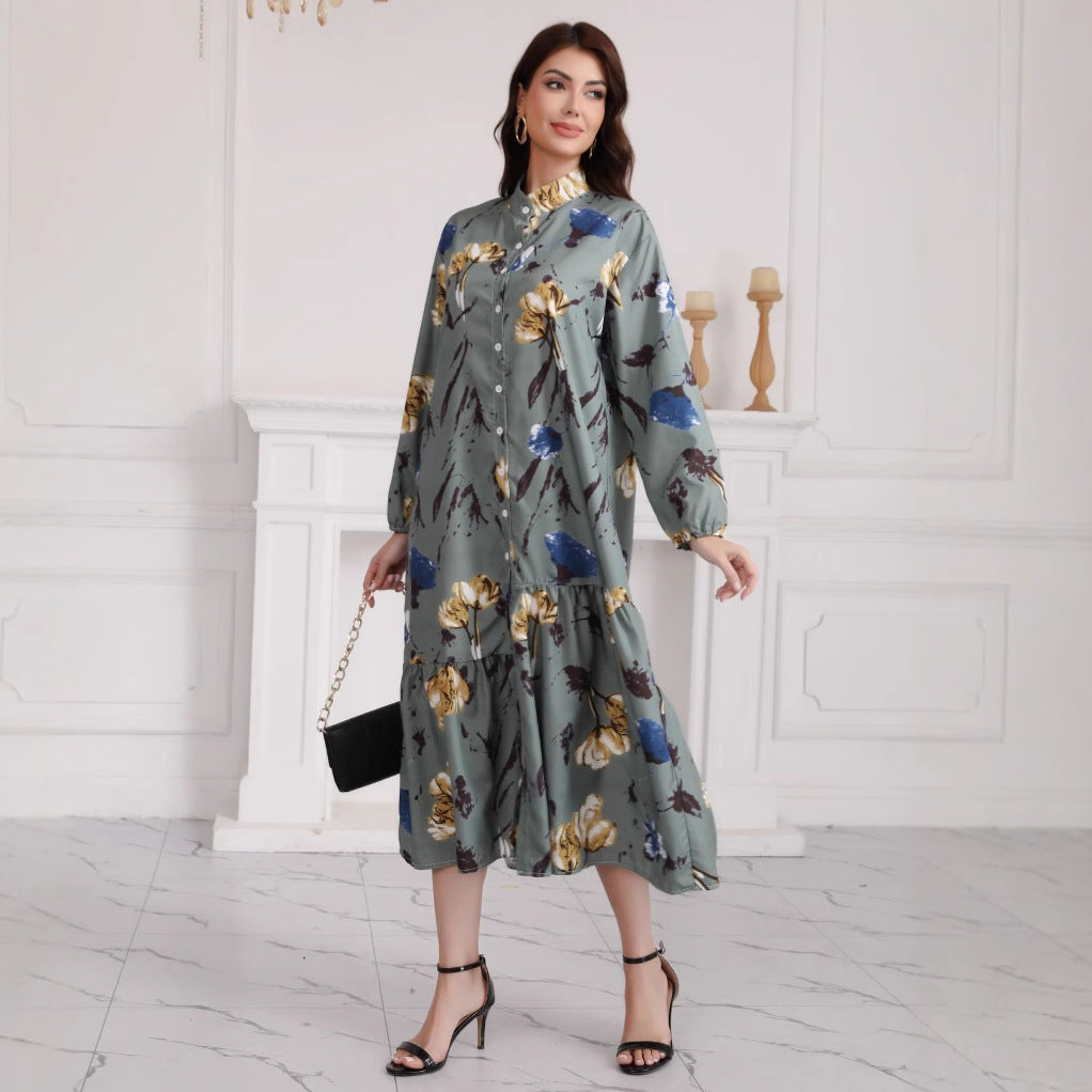 Damen Hemdblusenkleid mit Aquarell-Blumenprint, Stehkragen & Stufenrock Shop Nory