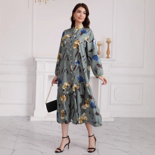 Damen Hemdblusenkleid mit Aquarell-Blumenprint, Stehkragen & Stufenrock Shop Nory