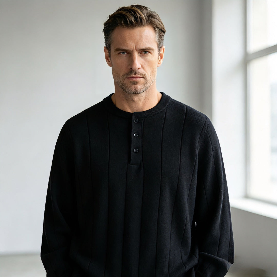 Unisex Oversized Strukturierter Henley-Strickpullover mit vertikaler Rippenstruktur und halber Knopfleiste Shop Nory