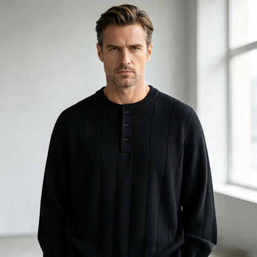 Unisex Oversized Strukturierter Henley-Strickpullover mit vertikaler Rippenstruktur und halber Knopfleiste Shop Nory