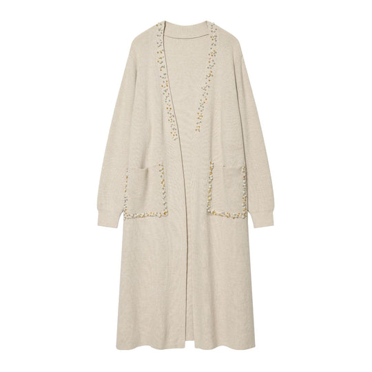 Damen langer Strickcardigan mit Perlenverzierung und aufgesetzten Taschen Shop Nory