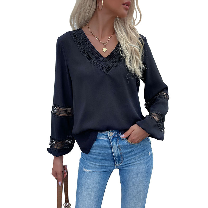 Damen Satinbluse mit V‑Ausschnitt, dekorativer Spitzenpasse und Ärmeln mit Spitzeneinsatz Shop Nory